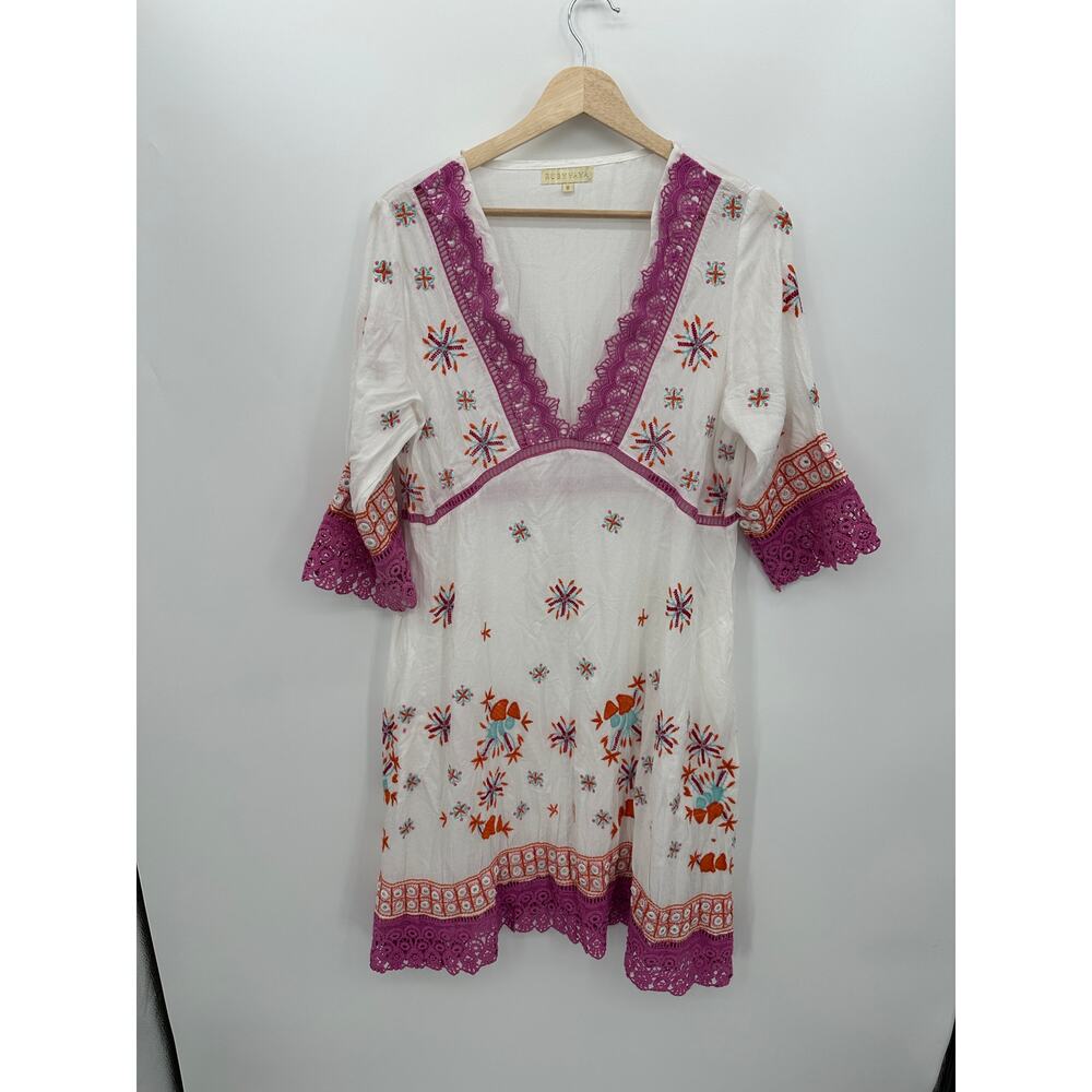 Ruby Yaya Midi Floral Embroidery Midi Dress Size M Boho Vaca Resort Sheer V Neck